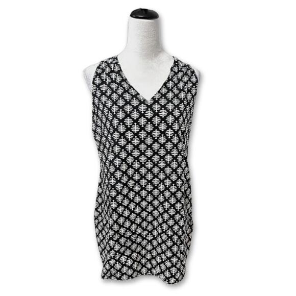 Shift Dress Floral Print Sleeveless Keyhole Neck Rayon Pullover Black/White W L - Picture 1 of 7